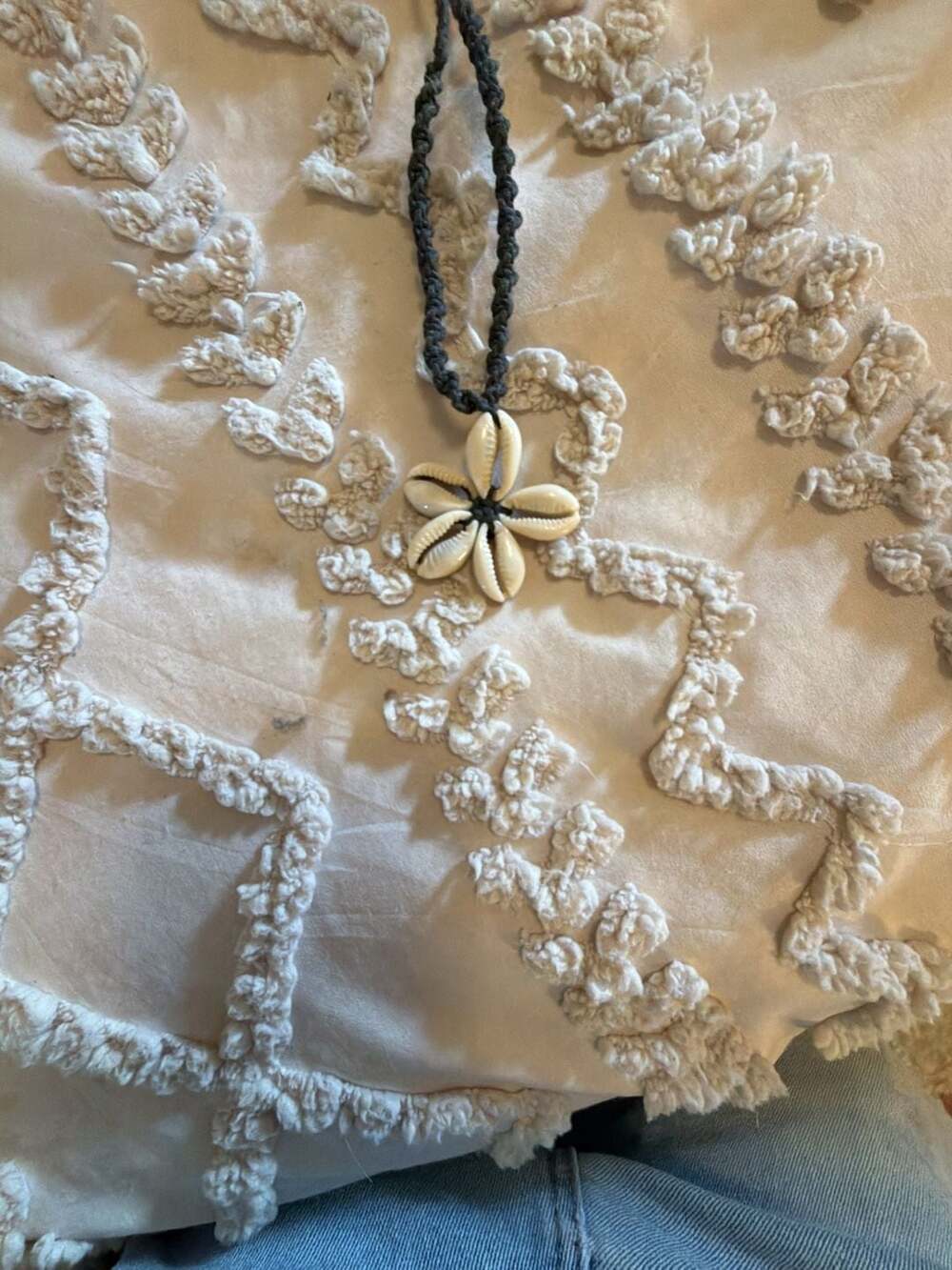 Vintage Cowrie Shell Flower Pendant Necklace with Black Braided Cord